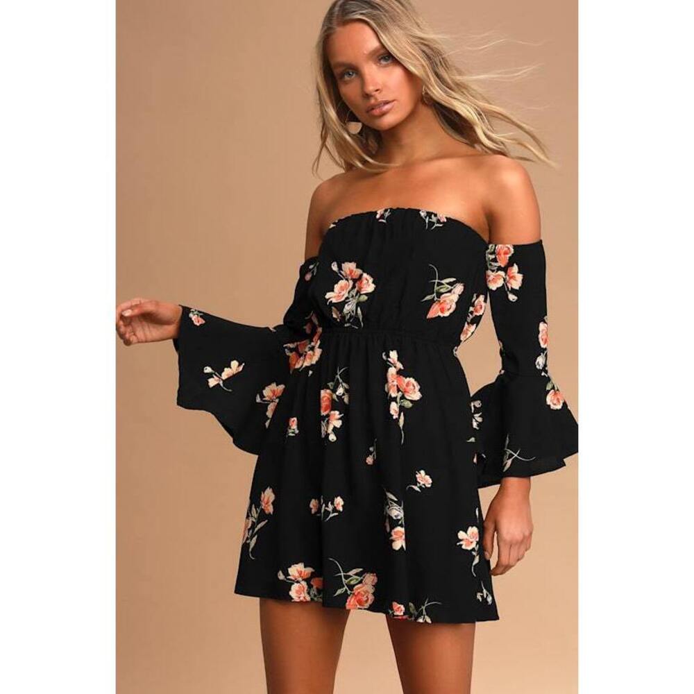 Lulus Lush Gardens Black Floral Print Off-the-shoulder Mini Dress - Size XS